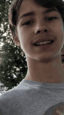 a young boy wearing a grey shirt is smiling for the camera