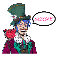 a mad hatter with a speech bubble saying welcome