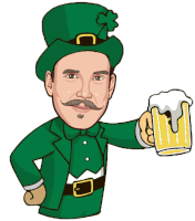 a cartoon of a man in a leprechaun outfit holding a mug of beer