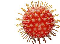 a close up of a red and white sphere with yellow spikes on a white background