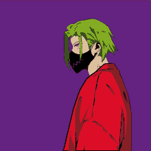 a man with green hair wearing a mask and a red jacket