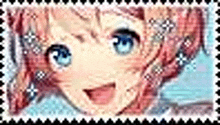 a close up of a girl with pink hair and blue eyes on a stamp .