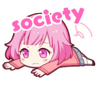 a girl with pink hair is laying on her stomach with the word society above her head