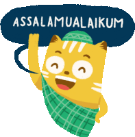 an illustration of a cat with a speech bubble that says " assalamualaikum "