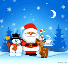 santa claus reindeer and snowman are standing in the snow with a house in the background