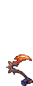 a pixel art drawing of a sword with a flame coming out of it on a white background .