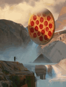 a giant pepperoni pizza is floating in the air