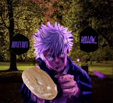 a person with purple hair is holding a donut in front of a hollow sign