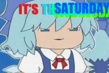 a cartoon of a girl with the words `` it 's saturday '' written above her .