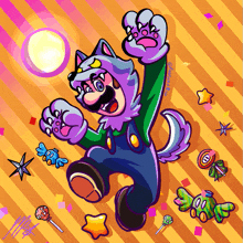 a cartoon of mario dressed as a wolf surrounded by candy