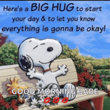 a cartoon of snoopy sitting on a bench with a good morning babe message