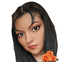 a close up of a woman 's face with three orange roses in her hair