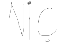 a black and white drawing of the word nic with a smiley face