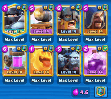 a screenshot of a clash of clans game showing cards from level 14 to level 14 max level