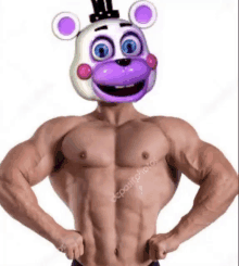 a very muscular man with a purple teddy bear mask on his head is standing with his hands on his hips .