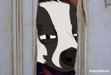 a cartoon badger is peeking through a door with badgerhybrid.com written below it