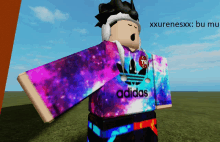 a cartoon character wearing an adidas shirt with a galaxy pattern