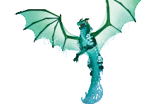 a drawing of a blue dragon with green wings