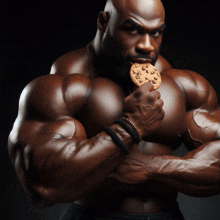 a muscular man holds a cookie in his mouth