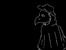 a black and white drawing of a bird wearing a hat and cloak .