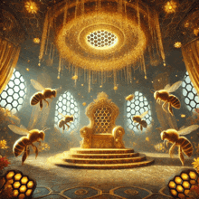 a throne surrounded by bees with a honeycomb ceiling