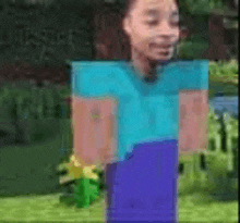 a girl is dressed as a minecraft character and is standing in a field .