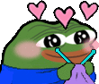 a frog with three pink hearts on its head is holding a purple object .