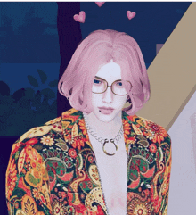 a man with pink hair and glasses is wearing a floral shirt