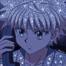 a close up of a person holding a telephone with a blue background and a lot of stars .