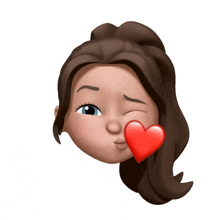 a cartoon girl is blowing a kiss with a red heart on her cheek .