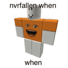 a roblox character with an orange shirt and a white head is standing next to a white block with a face on it .