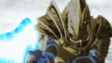 a painting of a knight with a blue light coming from his hand