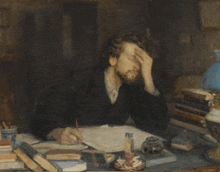 a painting of a man sitting at a desk with his hand on his head