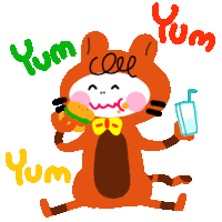 a cartoon drawing of a tiger eating a hamburger and drinking a milkshake with the words yum written around it