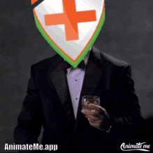 a man in a suit holding a glass of whiskey with animateme.app written at the bottom