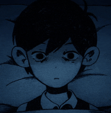 a black and white drawing of a boy with big eyes laying in bed