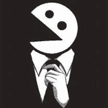 a black and white drawing of a man in a suit and tie with a smiley face on his face .