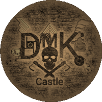 a logo for dmk castle with a skull and crossed axes