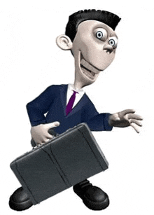 a cartoon man is holding a briefcase and smiling .