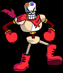 a cartoon drawing of a skeleton wearing boxing gloves and red boots