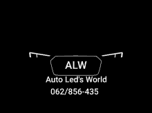 the logo for alw auto led 's world is a silhouette of a car 's headlights on a black background .