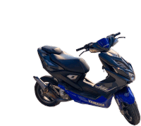 a blue and black yamaha scooter is sitting on a white background