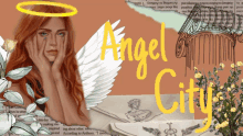 a woman with angel wings and the words angel city in yellow