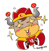 a cartoon drawing of a bull wearing a chinese hat and holding a red bag with chinese writing on it