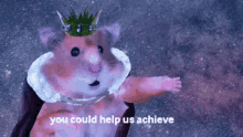 a hamster wearing a crown and a collar with the words " you could help us achieve "