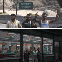 a group of men standing outside of a 24 7 supermarket