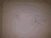 a drawing of lydia 's cane and overlord 's 328 lapua on a piece of paper