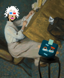 a pixel art painting of a woman wearing 3d glasses and a blue box with a face on it