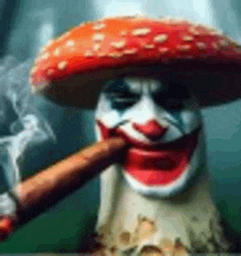 a mushroom clown is smoking a cigar .