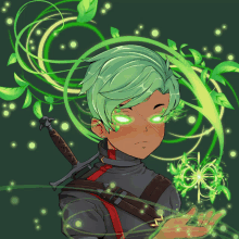 a boy with green hair is holding a sword